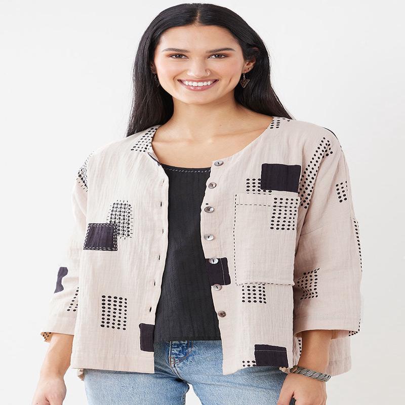 Rishra Cotton Double Gauze Block Print Jacket - Natural/Black
