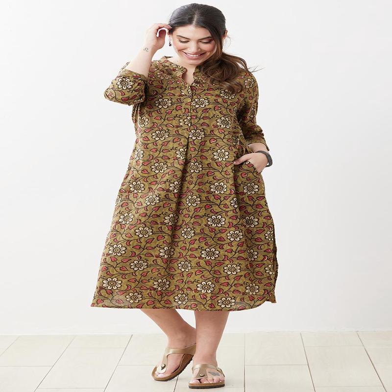 Yamini Roll-Sleeve Shirttail Kurta Dress - Henna