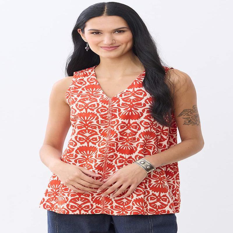 Shipra Block Print V-Neck Tank - Vermilion