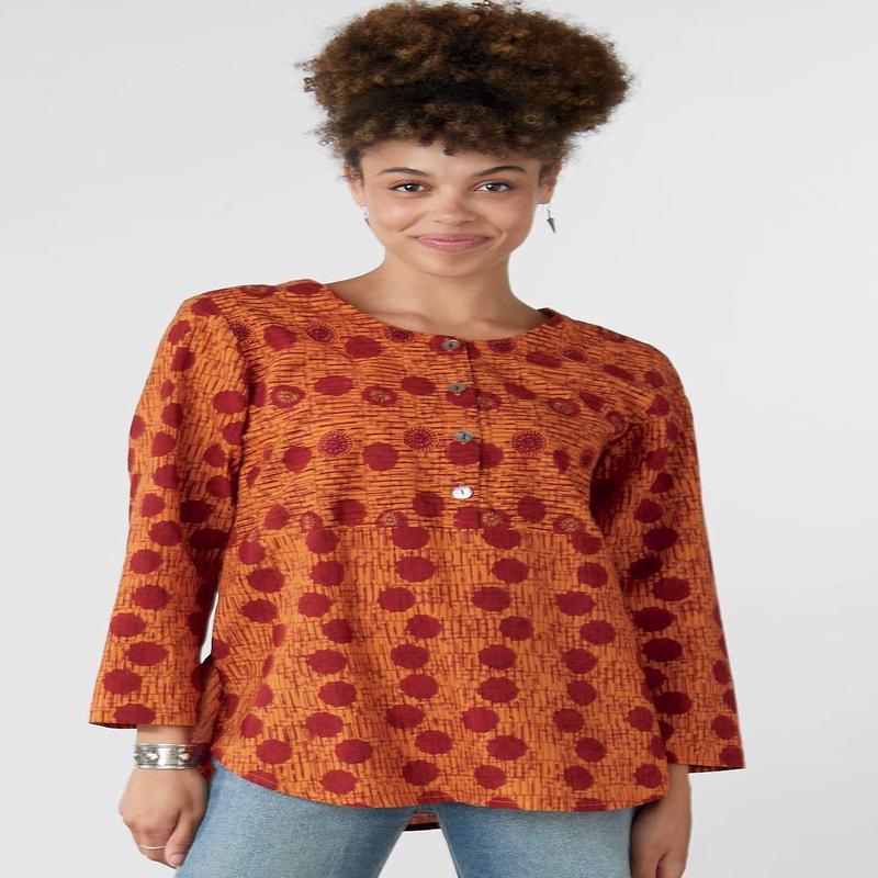 Divya Long-Sleeve Popover Button Top - Honey/Multi