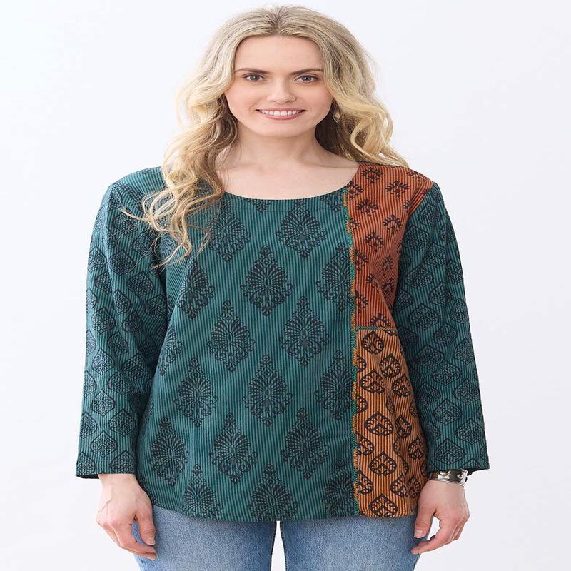 Divya Long-Sleeve Popover Top - Dusty teal/Multi