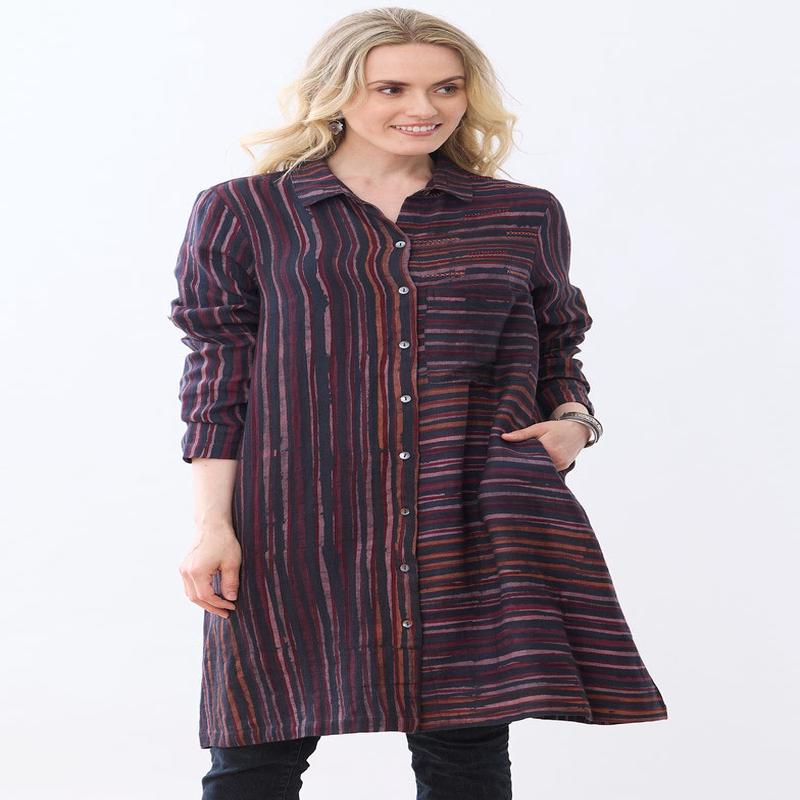 Nahila A-Line Button-Down Long Shirt - Iced plum/Black