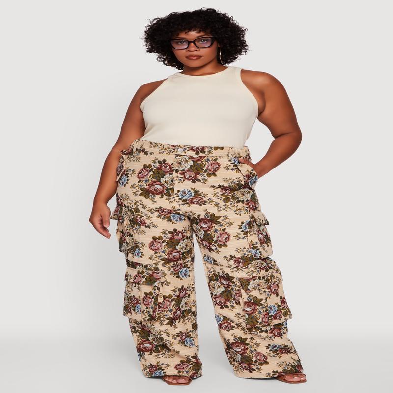 Plus Size Marled Floral Print High Waisted Cargo Pants