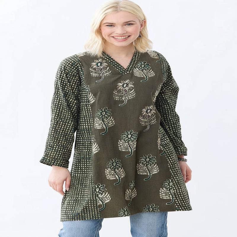 Sanika Long-Sleeve V-Neck Kurta - Fossil/Multi