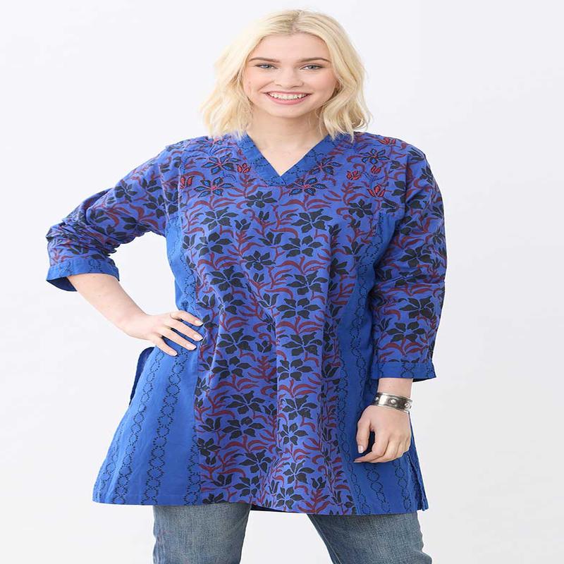 Sanika Organic Cotton Long-Sleeve V-Neck Kurta - Cobalt