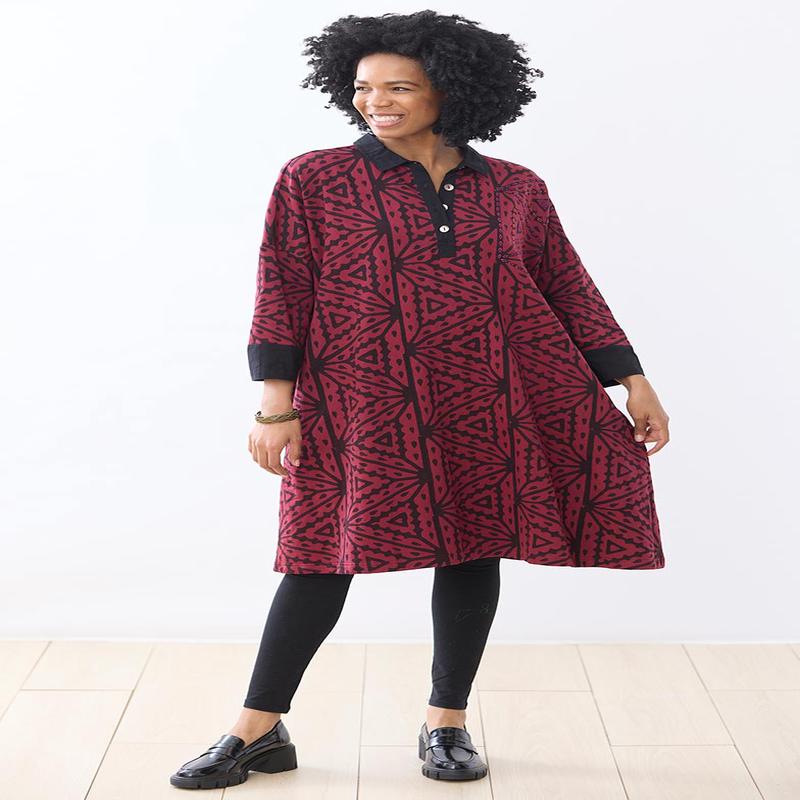 Shaima French Terry Oversized Collared Tunic - Pomegranate/Black