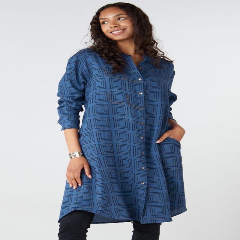 Akshita Band Collar Button-Down Long Shirt - Marine/Black