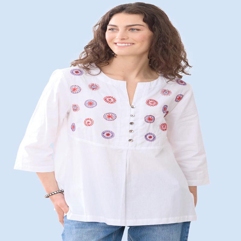 Naseera Notch Neck Embroidered Organic Top - White/Multi