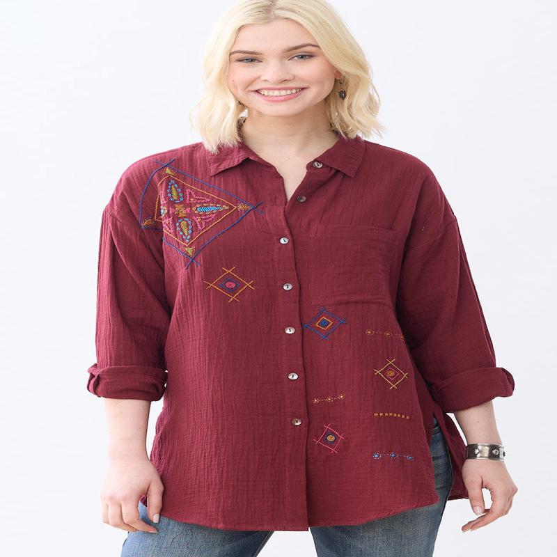 Savani Double Gauze Embroidered Shirt - Radicchio