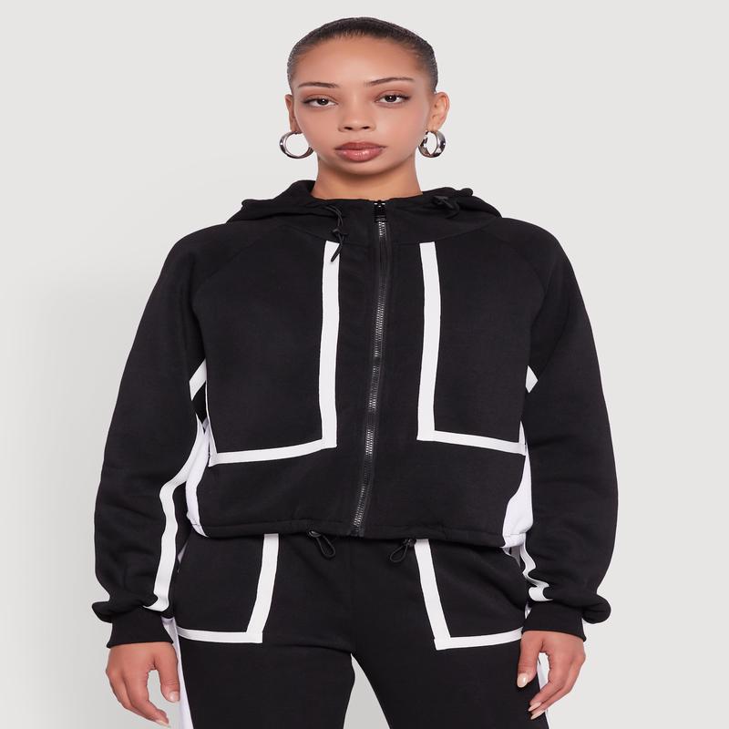 Contrast Trim Zip Front Toggle Drawstring Hoodie