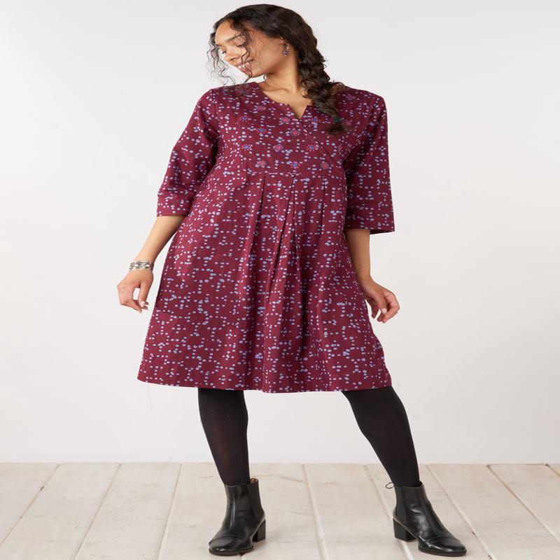 Nalika 3/4-Sleeve Notch-Neck Cotton Dress - Radicchio/Periwinkle