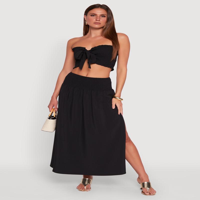 Smocked High Waist Side Slit Skirt