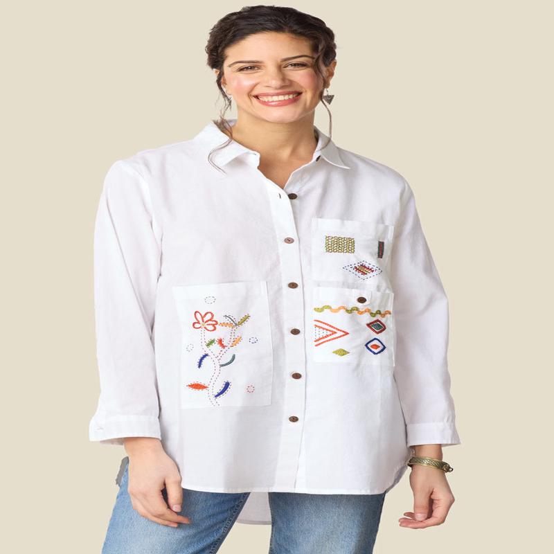 Aashna Organic Cotton High-Low Hem Button-Down Shirt - White