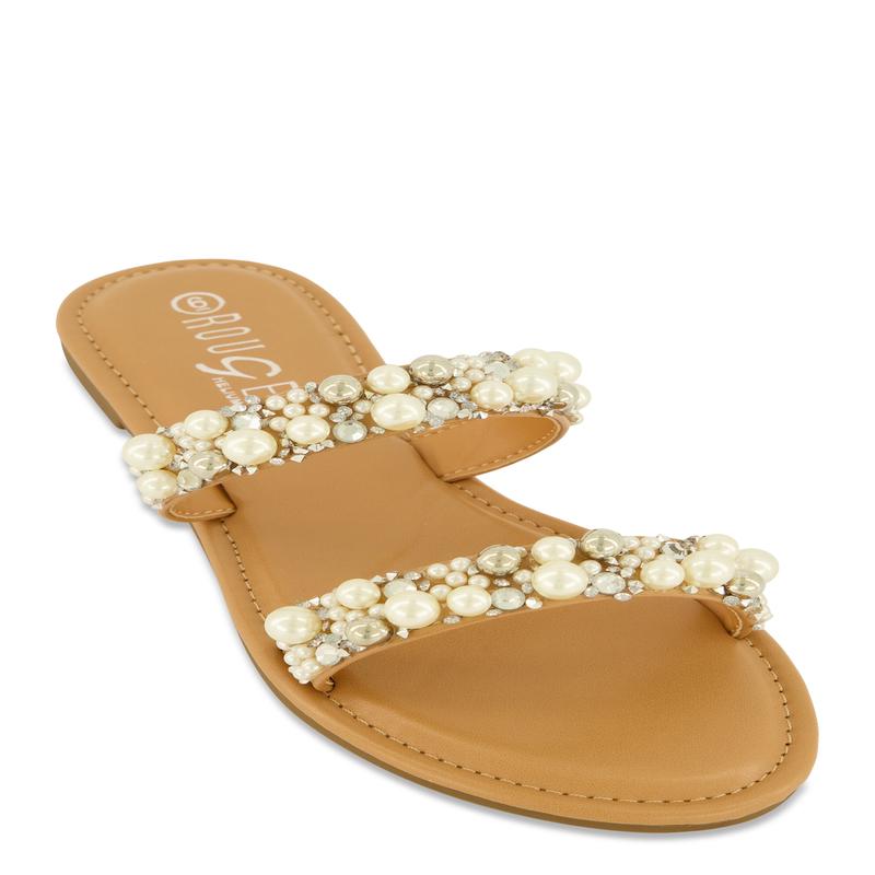 Faux Pearl Rhinestone Double Band Slide Sandals
