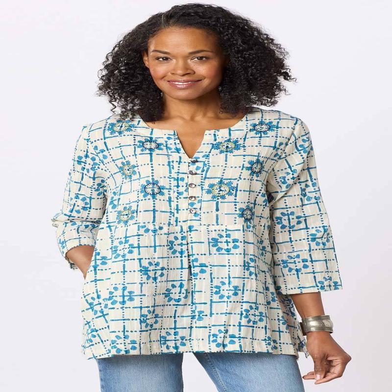 Naseera 3/4-Sleeve Notch-Neck Top - White/Blue