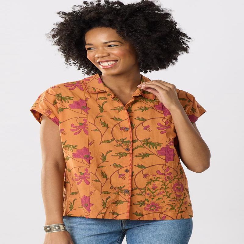 Radha Organic Cotton Button-Down Top - Honey/Multi