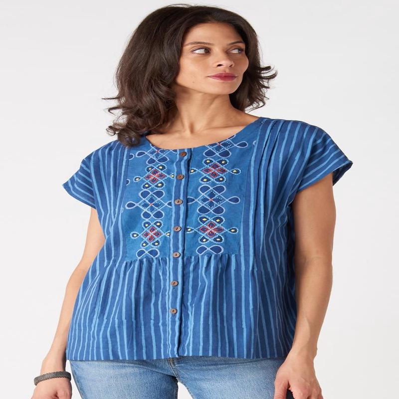 Shalu Cap Sleeve Button-Down Top - Tranquil blue