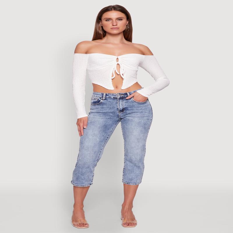 Trendy Off Shoulder Textured Knit Tie Front Crop Top