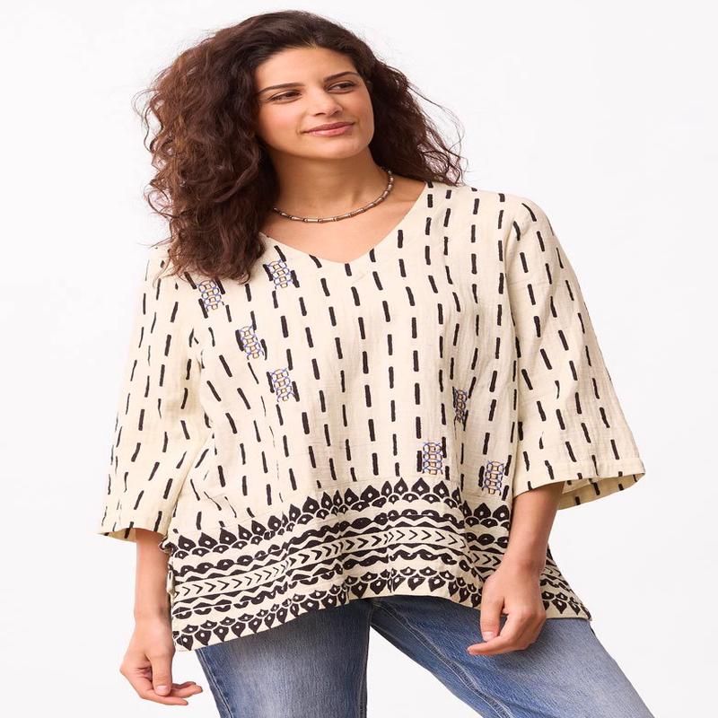 Zarine Double Gauze 3/4-Sleeve V-neck Tunic - Natural/Black