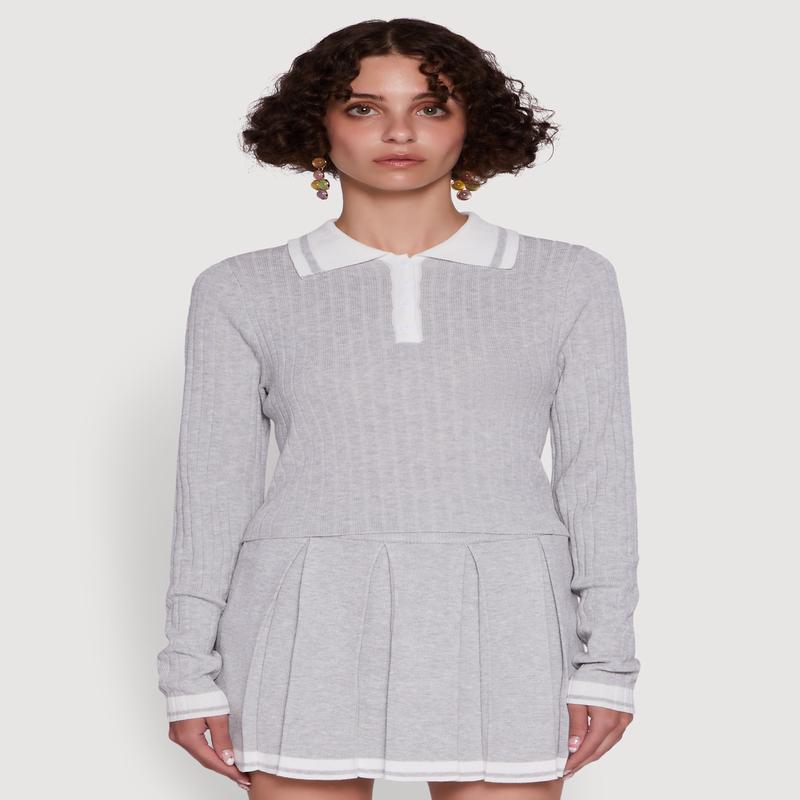Daisy Ribbed Knit Varsity Stripe Polo Top