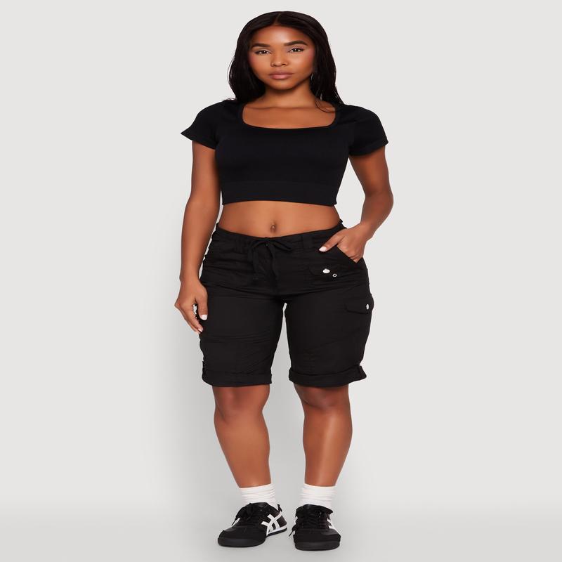 Faux Drawstring Waist Cargo Bermuda Shorts
