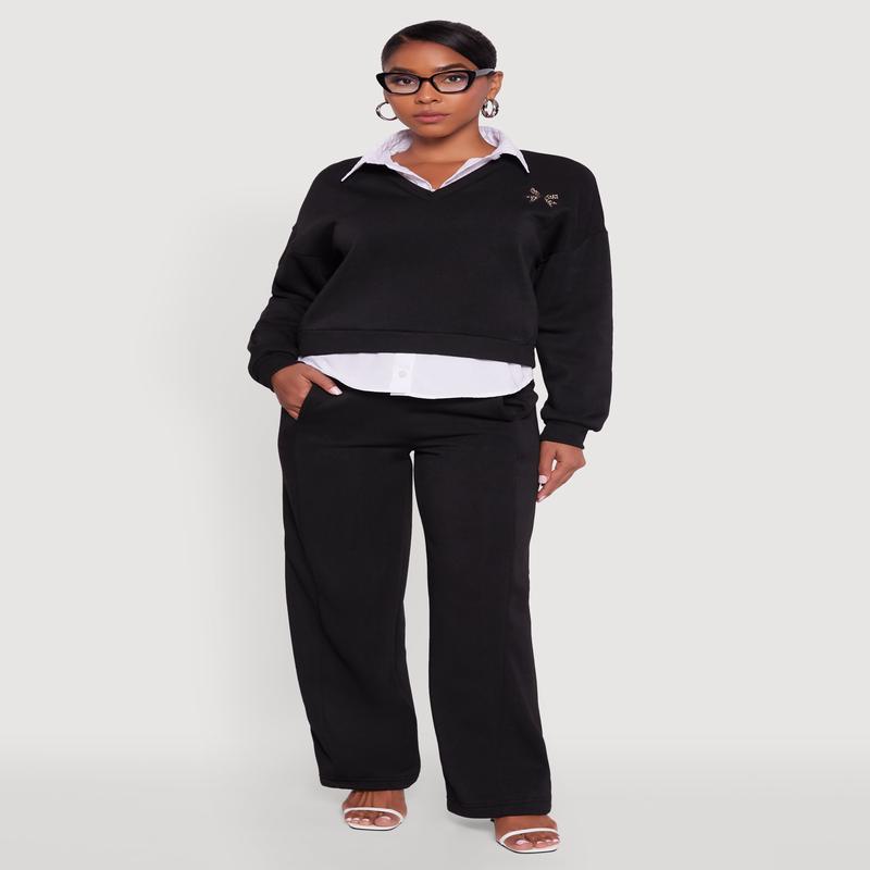 High Waisted Fleece Wide Leg Pants with Pockets