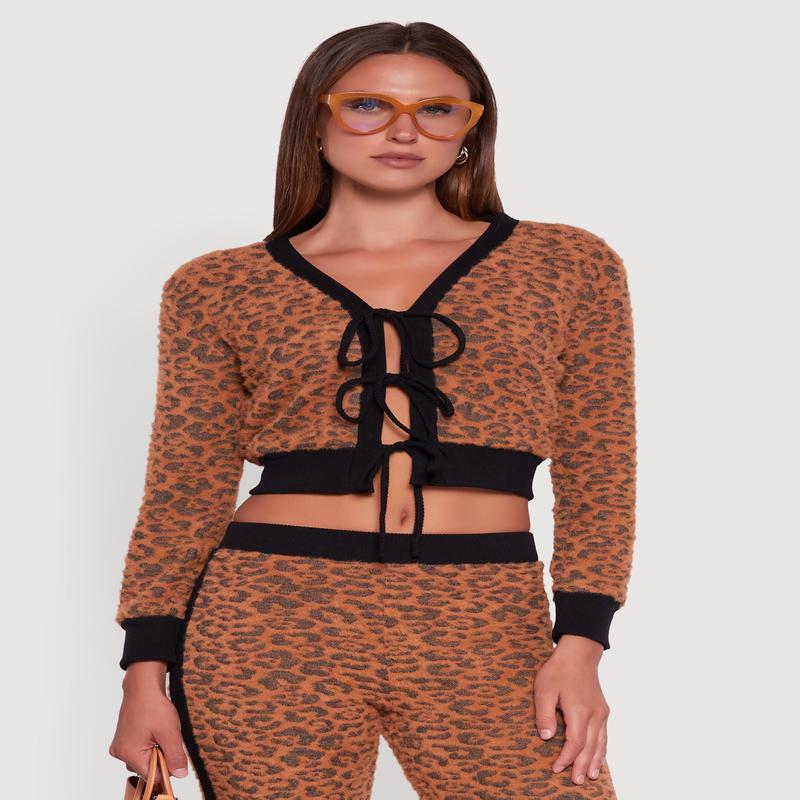 Jaguar Print Tie Front Cropped Cardigan