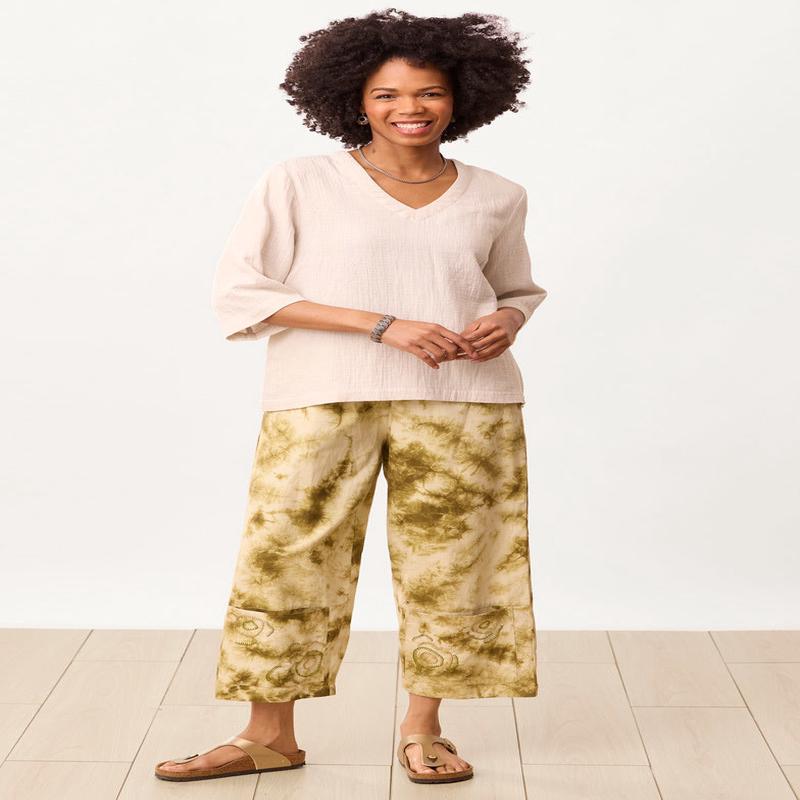 Kesari Cotton Twill Tie-Dye Pull-On Crop Pant - Algae green Shibori