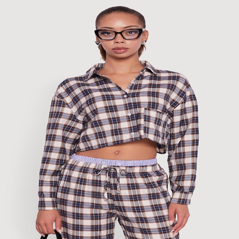 Plaid Long Sleeve Cropped Shirt