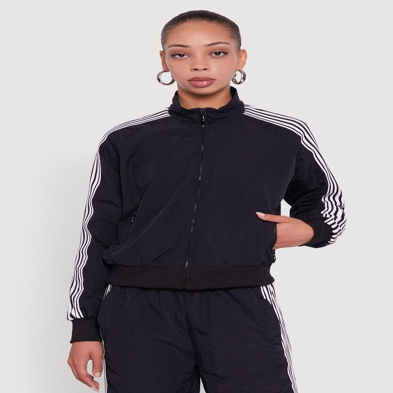 Side Striped Nylon Mock Neck Track Jacket
