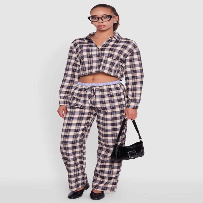 Striped Waistband Detail Plaid Pants