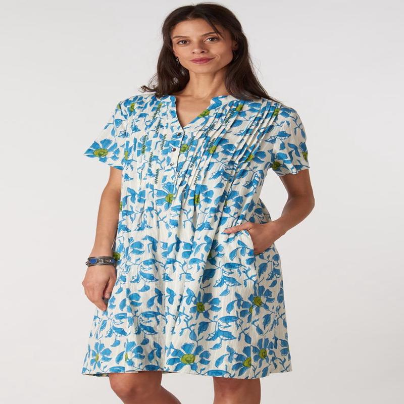 Anvita Short-Sleeve Pleated Shirtdress - White/Blue