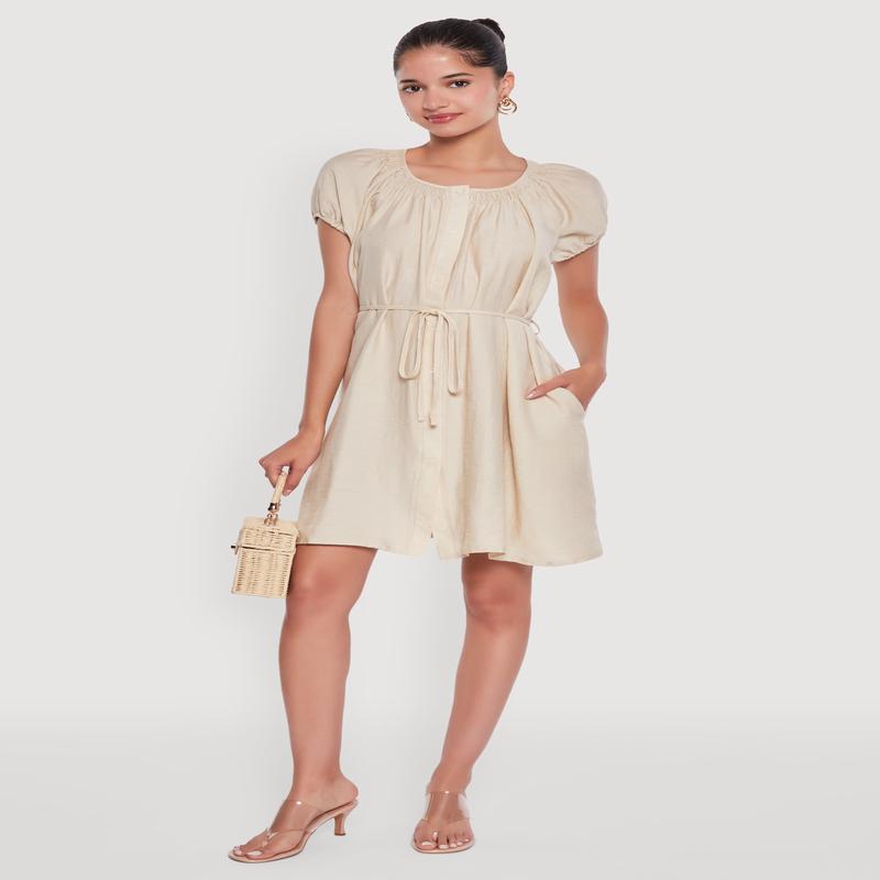 Chic Linen Peasant Dress with Pockets and Tie Waist Belt