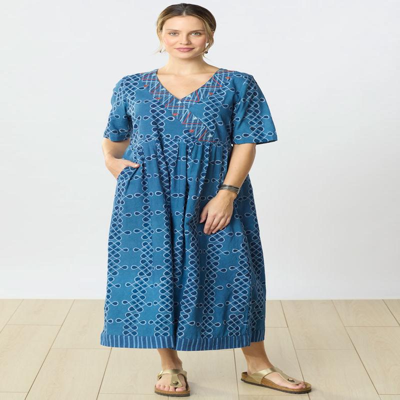 Geethali Block Print V-Neck Maxi Dress - Tranquil blue
