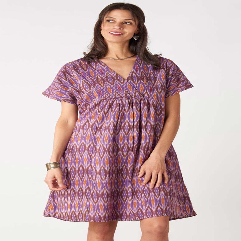 Namita Cap Sleeves V-Neck Knee Length Dress - Purple/Multi