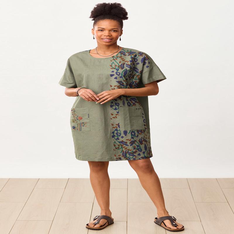 Shaheena Crew-Neck Drop-Sleeve Tunic Dress - Herb/Multi