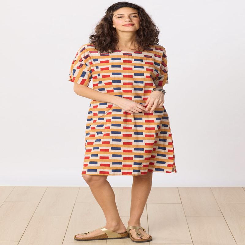 Vishala Drop-Shoulder Knee-Length Shift Dress - Oatmeal/Multi