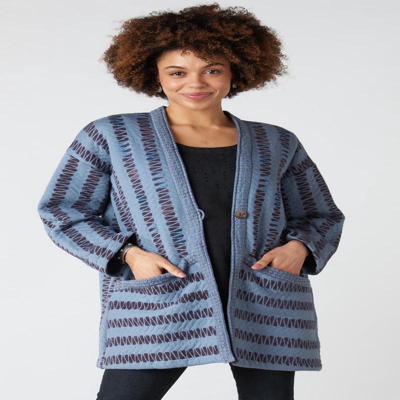 Assam Block Print Quilted Jersey Jacket - Periwinkle
