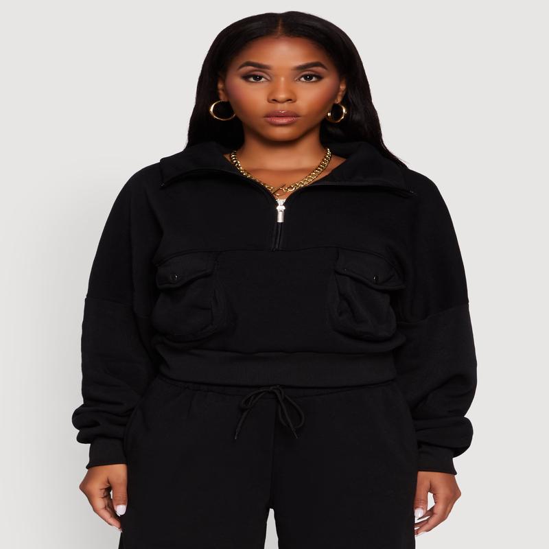 Cargo Pocket Fleece Half Zip Pullover Sweatshirt
