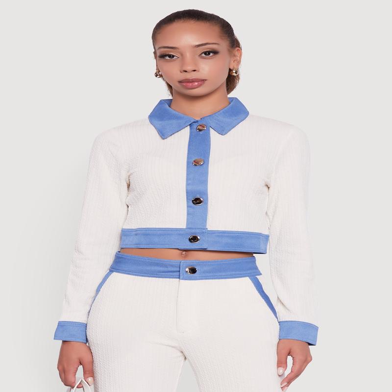 Denim Trim Long Sleeve Button Front Cropped Shirt