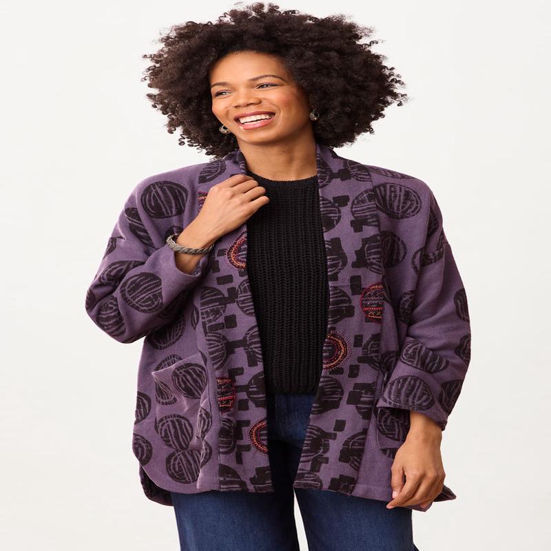 Haniya Block Print Textured Cotton Jacket - Purple