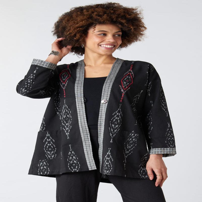 Kanchi Collarless One Button Ikat Jacket - Black
