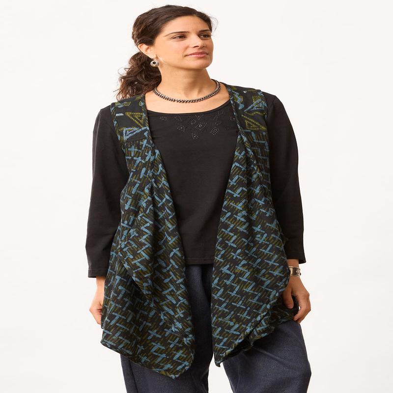 Kashi Cotton Crepe Long Vest - Charcoal/Multi
