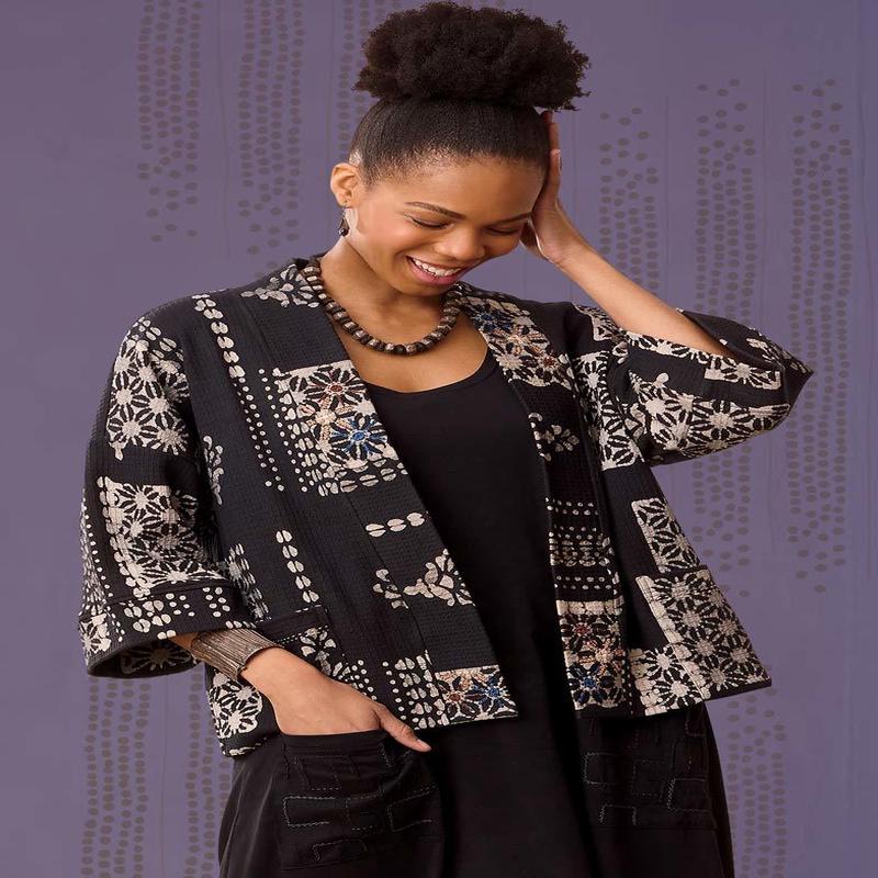 Meera Waffle Knit Batik Print Jacket - Black