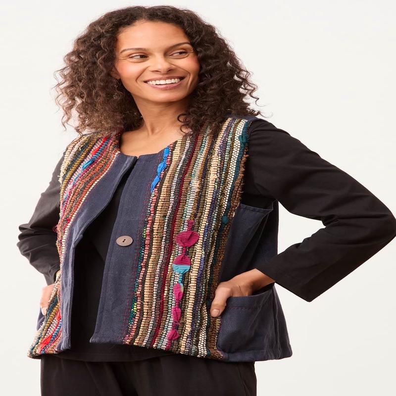 Recycled Yarn Ashni Handwoven Chindi Vest - Dark denim/Multi