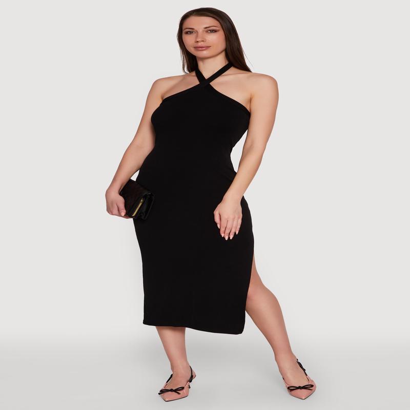 Ribbed Knit Bodycon Halter Dress with Side Slit
