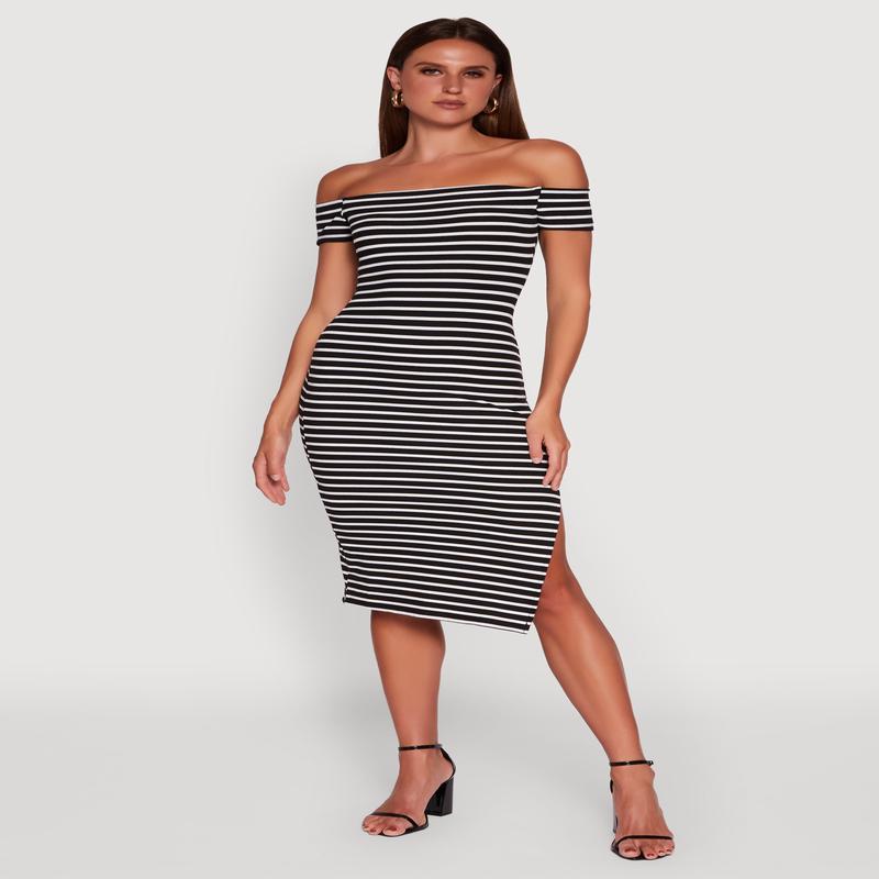 Ribbed Knit Side Slit Striped Midi Dress