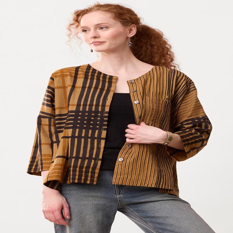 Rishra Textured Cotton Round-Neck Jacket - Golden apple