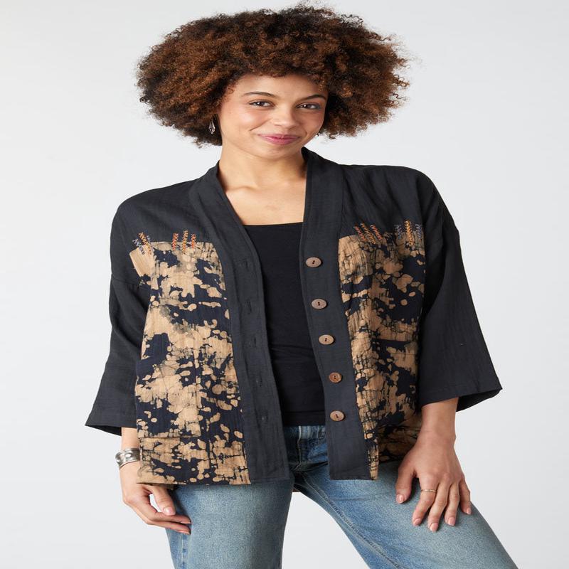 Rupashi Double Gauze Contrast Yoke Jacket - Black/Shale