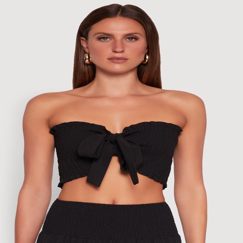 Tie Front Smocked Cropped Tube Top